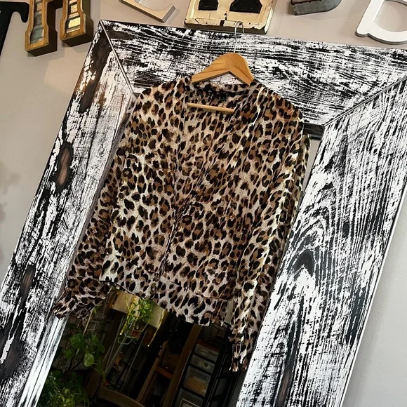 EUC [Guess] Sheer Leopard Top | Smocked Button Down Shirt Cheetah Blouse | Small - Picture 9 of 14